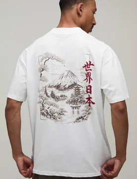 Herren Übergroßes Kastenförmiges T-Shirt Mit Japan-Berg-Aufdruck White Größe Small - boohooMAN - FashionsVida
