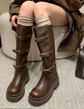 Arden Furtado Autumn platform cowhide Riding boots Pull-on Chunky heels Belt buckle Knee high boots Large size Women's Boots - Aliexpress - FashionsVida
