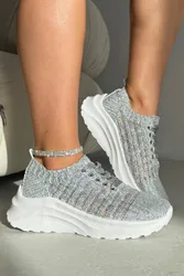 Women's Flex Cloud Knit Mesh Lace-Up Chunky Trainers in Silver Size: 8 - Silver - Size: 8