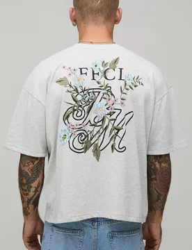 Men's Oversized Boxy Heavyweight Floral Embroidered T-Shirt Grey Marl Size Small Grey Marl S - boohooMAN - FashionsVida