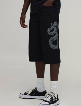Herren Locker Geschnittene Lange Shorts Mit Strass-Schlangenmotiv Black Größe 44