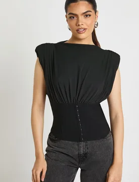 Womens Mesh & Bengaline Boning Detail Hook & Eye Corset - Black - Size 6 Uk - Boohoo - FashionsVida