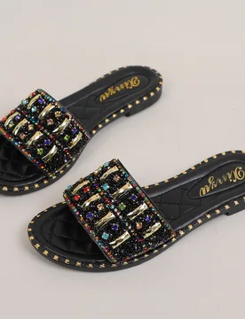 Zapatillas de mujer de estilo europeo-americano-francés-coreano, casuales y versátiles, con planos, decoradas con perlas falsas y rhinestones, ideal - Shein - FashionsVida