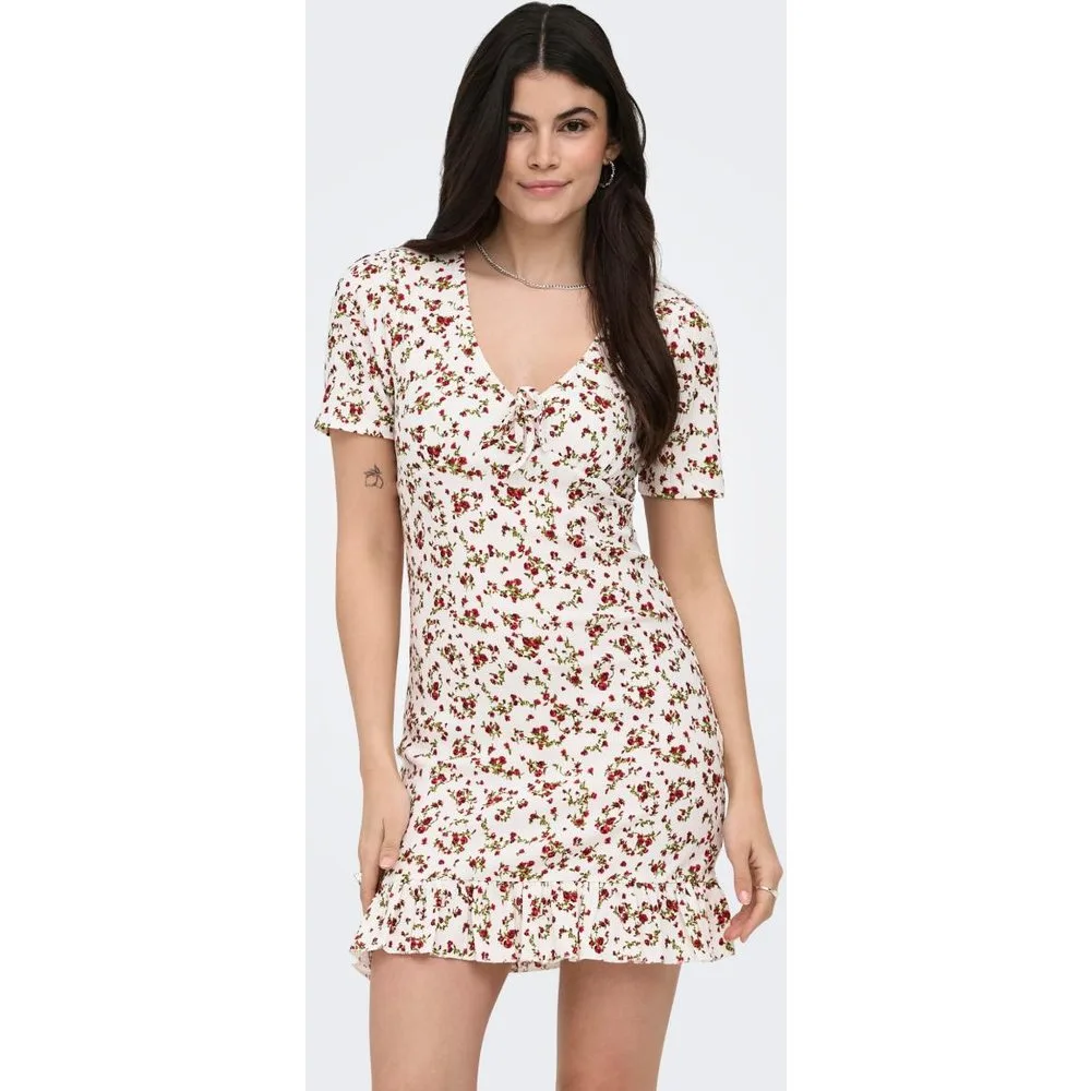 Vestido corto de mujer con cuello pico y lazo - Only - FashionsVida