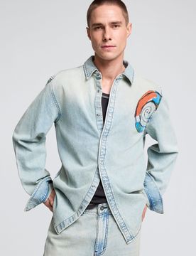 Chemise en jean brodée, , Coton, Bleu, S