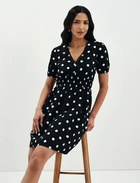 Pure Cotton Polka Dot V-Neck Mini Dress Black Mix female - Finery London - FashionsVida
