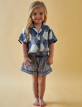 Keira Short Sleeve Aster Patchwork Print Pyjama Set In Blue - 2-3 Years - Lily and Lionel London Limited - FashionsVida