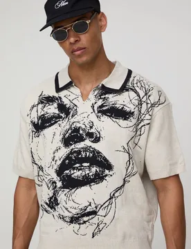 Men's Oversized Boxy Face Jacquard Knitted Polo Stone Size Small Stone S - boohooMAN - FashionsVida