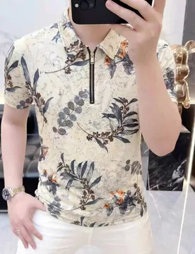 Summer New Trendy Brand Short-Sleeved T-Shirt for Men with Half-Zip Closure and Contrasting Colorful Floral Design on the S - Aliexpress - FashionsVida