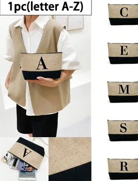 Pieza Bolso de mano de mujer con gráfico de letra y parches, bolsa de cosméticos, regalo del Día del Maestro, bolsa reutilizable, bolsa de maquilla - Shein - FashionsVida