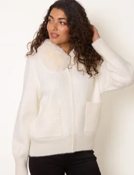 Ribbed Cardigan With Faux Fur Collar - S/M / IVORY - female - Blue Vanilla - FashionsVida