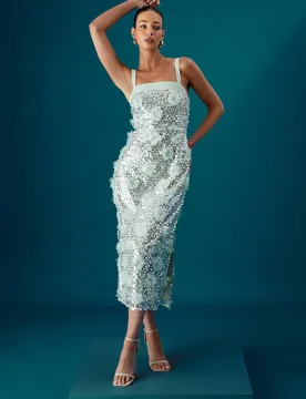 Women's Muse Strappy 3D Sequin Flower Midi Dress in Sage Size: 10 - Sage - Size: 10 - Coast - FashionsVida