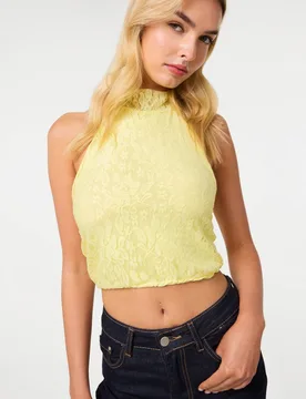 Women's Lemon Lace Halter Neck Top Size: Small - Lemon - Size: S - Pink Vanilla - FashionsVida