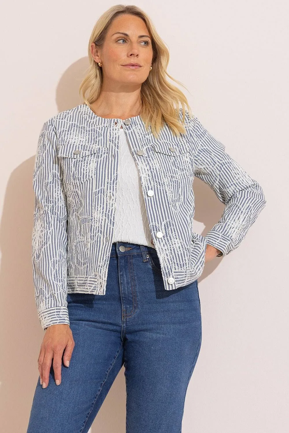 Embroidered Stripe Jacket - Blue - Size: 12 - Anna Rose - FashionsVida