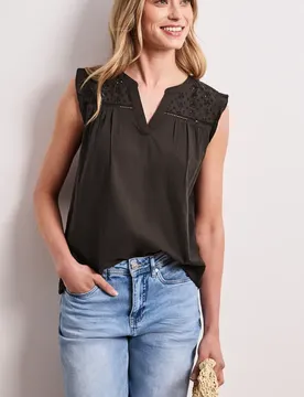 Blusentop mit Split Neck und Shiffleydetails female Braun