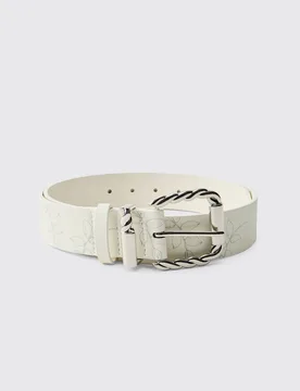 Men's PU Floral Belt Ecru Size Medium Ecru M - boohooMAN - FashionsVida