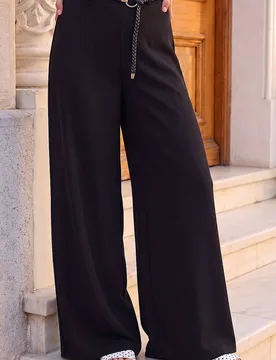 Women's Wide Leg Belt Tie Trouser in Black Size: 12 - Black - Size: 12 - Roman - FashionsVida