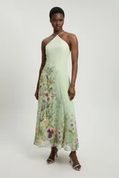 Womens Chiffon Floral Print Halter Neck Woven Maxi Dress - Green - Size 10 Uk