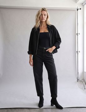 Giacca bomber in denim con colletto - nero