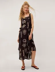 Pure Cotton Printed Square Neck Midi Dress Black Mix female