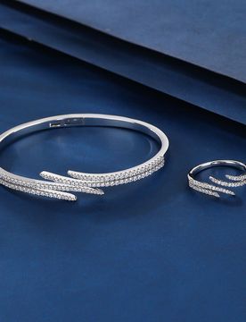 Piezas Conjunto de joyería de pulsera y anillo de cobre, lujo de circonita cúbica de alto nivel con brillo, diseño ondulado, pulsera abierta y anil