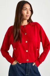 Womens Rib Knit Button Cardigan - Red Viscose - Size Small