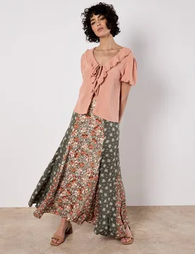 Women's Floral Patchwork Print Midi Skirt in Khaki Size: 14 - Khaki - Size: 14 - Apricot - FashionsVida