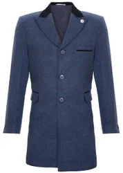 Mens 3/4 Long Navy Crombie Overcoat Jacket Herringbone Tweed Coat Peaky Blinder Suede - Size 42 (Chest)