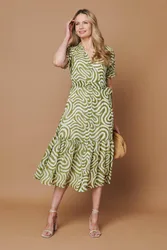 Printed Short Sleeve Midi Shirt Dress - Green - Size: 18