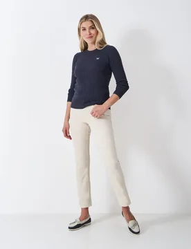Cotton Rich Cable Knit Crew Neck Jumper Navy female - Crew Clothing - FashionsVida