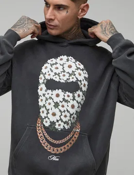 Men's Tall Oversized Man Daisy Ski Mask Washed Printed Hoodie Washed Charcoal Size Large Washed Charcoal L - boohooMAN - FashionsVida