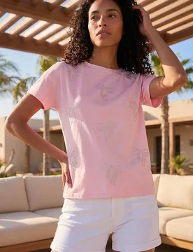 Women's Bow Embellished Cotton T-Shirt in Pink Size: 10 - Pink - Size: 10 - Roman - FashionsVida
