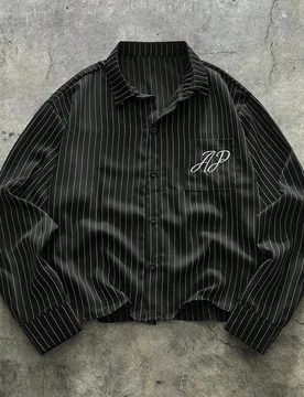 Camisa casual de manga larga con bolsillo y bordado de letras a rayas para hombres de talla grande, camisa de manga larga a rayas negras y blancas, ca - Shein - FashionsVida