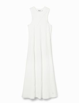 Robe midi patchwork tissu côtelé, Viscose, Blanc, XS