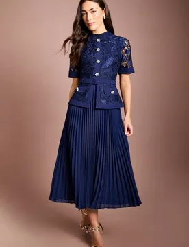 Women's Pearl Button Lace Collared Midi Dress in Navy Size: 10 - Navy - Size: 10 - Coast - FashionsVida
