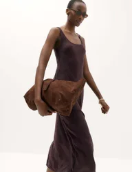 Satin Scoop Neck Midi Slip Dress Raisin female