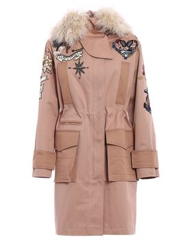 Parka con ricami Tattoo e pelliccia
