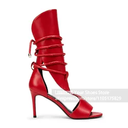 Yellow Black Snake Print Lace up Stiletto Sandal Boots Peep Toe Cutout High Heel Summer Shoes Hollow out Side Designer Sandals