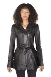 Women's Leather Long Biker Jacket-Muscat in Black Size: 16 - Black - Size: 16