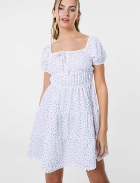 Women's Ivory Ditsy Puff Sleeve Tiered Mini Dress Size: Large - Ivory - Size: L - Pink Vanilla - FashionsVida