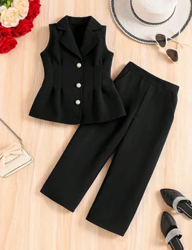 Conjunto de chaleco sin mangas con cuello de solapa y pantalones largos, estilo preppy para niñas, primavera/verano - Shein - FashionsVida