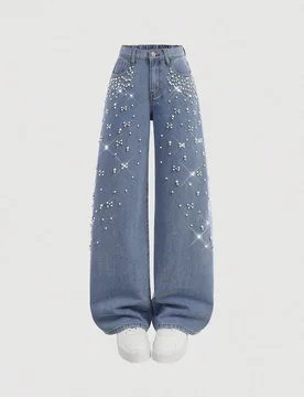 Jeans rectos de mezclilla casual sencillos con botones frontales, bolsillos y decoración de perlas falsas para adolescentes y mujeres, ideales para v - Shein - FashionsVida