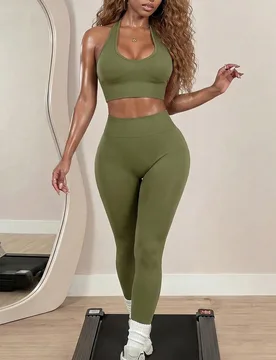 Conjunto deportivo de 2 piezas para mujer con top de cuello halter sin mangas y leggings de cintura alta - Shein - FashionsVida
