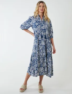 Manderin Collar Trapezed Dress With 3/4 Sleeves - S / BLUE - female - Blue Vanilla - FashionsVida