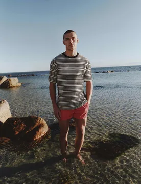 Relaxed Fit Cotton Rich Textured Striped T-Shirt Ecru male - M&S - FashionsVida