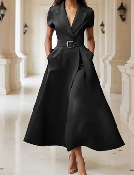Elegant Black Women's Dress Office Lady Temperament Short Sleeve A-Line Long Dress Female Midi Party Vestidos Robe With Belt - Aliexpress - FashionsVida