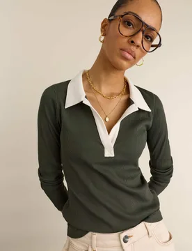 Jersey Rib Fitted Contrast Collar Polo Top Green female - Baukjen - FashionsVida