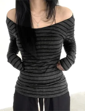 Striped Contrasting One-shoulder Top Slim Fit Spring Summer Women's Off-shoulder Long-sleeved T-shirt Bottoming Shirt Ropa Mujer - Aliexpress - FashionsVida