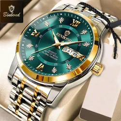 Reloj de pulsera de lujo para hombres BINBOND, elegante pantalla de fecha y día, reloj deportivo de cuarzo de acero inoxidable resistente al agua y l