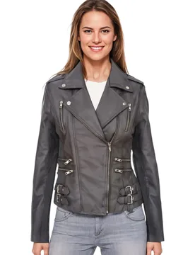 Womens Grey Brando Biker Jacket-Constantia Lamb Leather - Size 18 Uk - Infinity Leather - FashionsVida